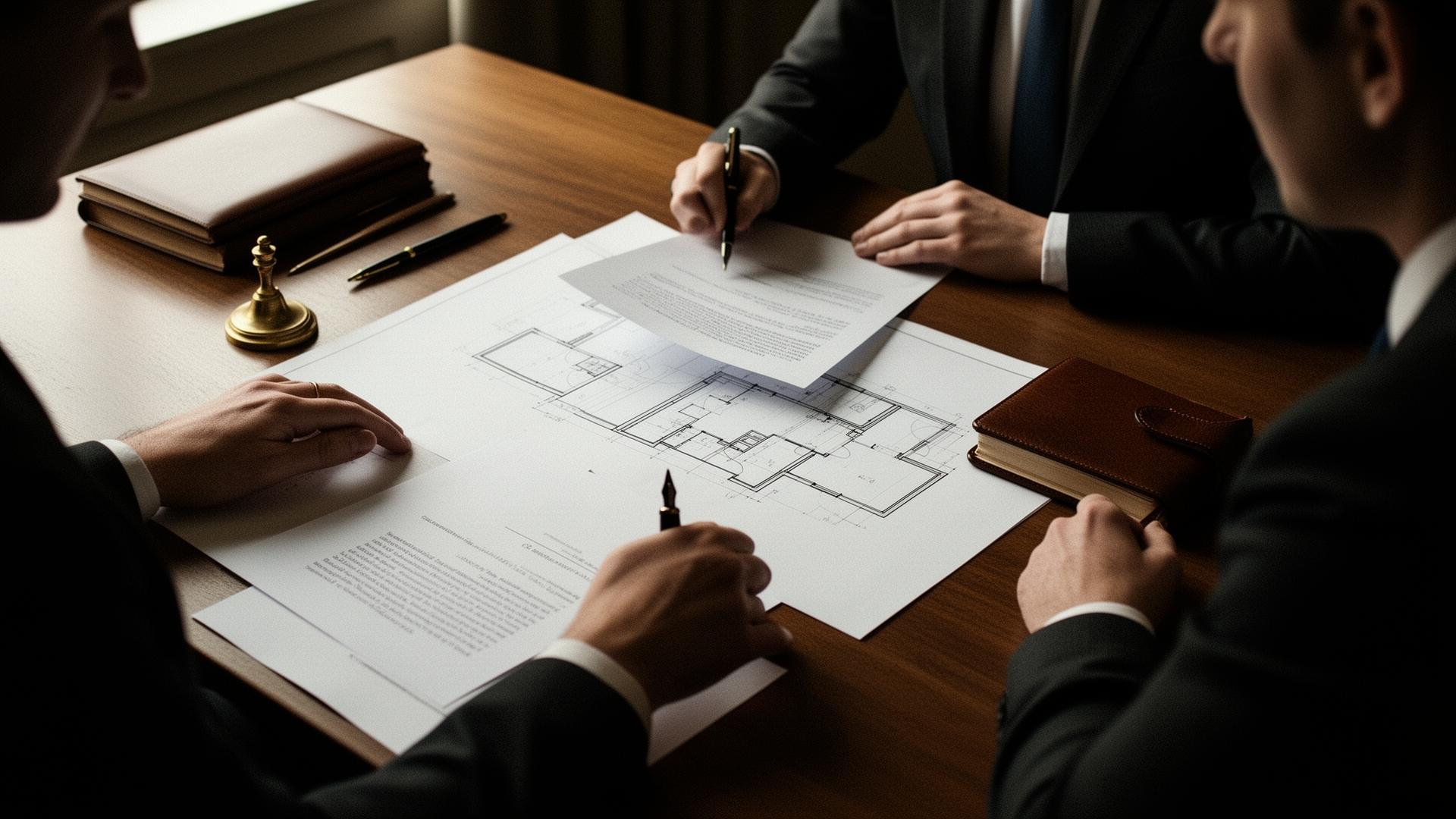 Profissionais analisando documentos sobre uma mesa de madeira em ambiente sóbrio
